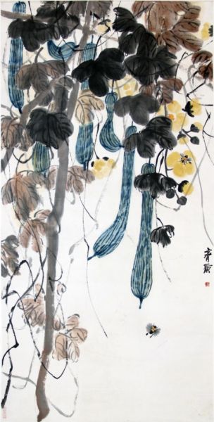 齐白石 丝瓜蜜蜂　设色纸本 立轴 135×68cm